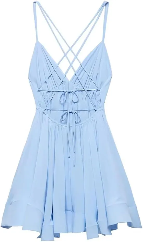 Womens Spaghetti Strap Solid Color Mini Dress A-Line Backless V-Neck Casual Sundress