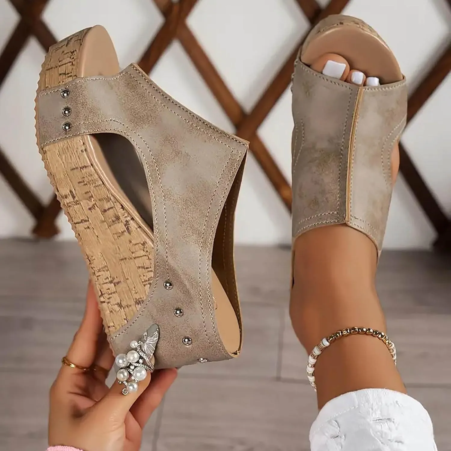 Womens Summer Sandals Peep Toe Slip On Wedge Slides Cut Out Boho Leather Platform Sandal Comfortable High Heeled Shoes