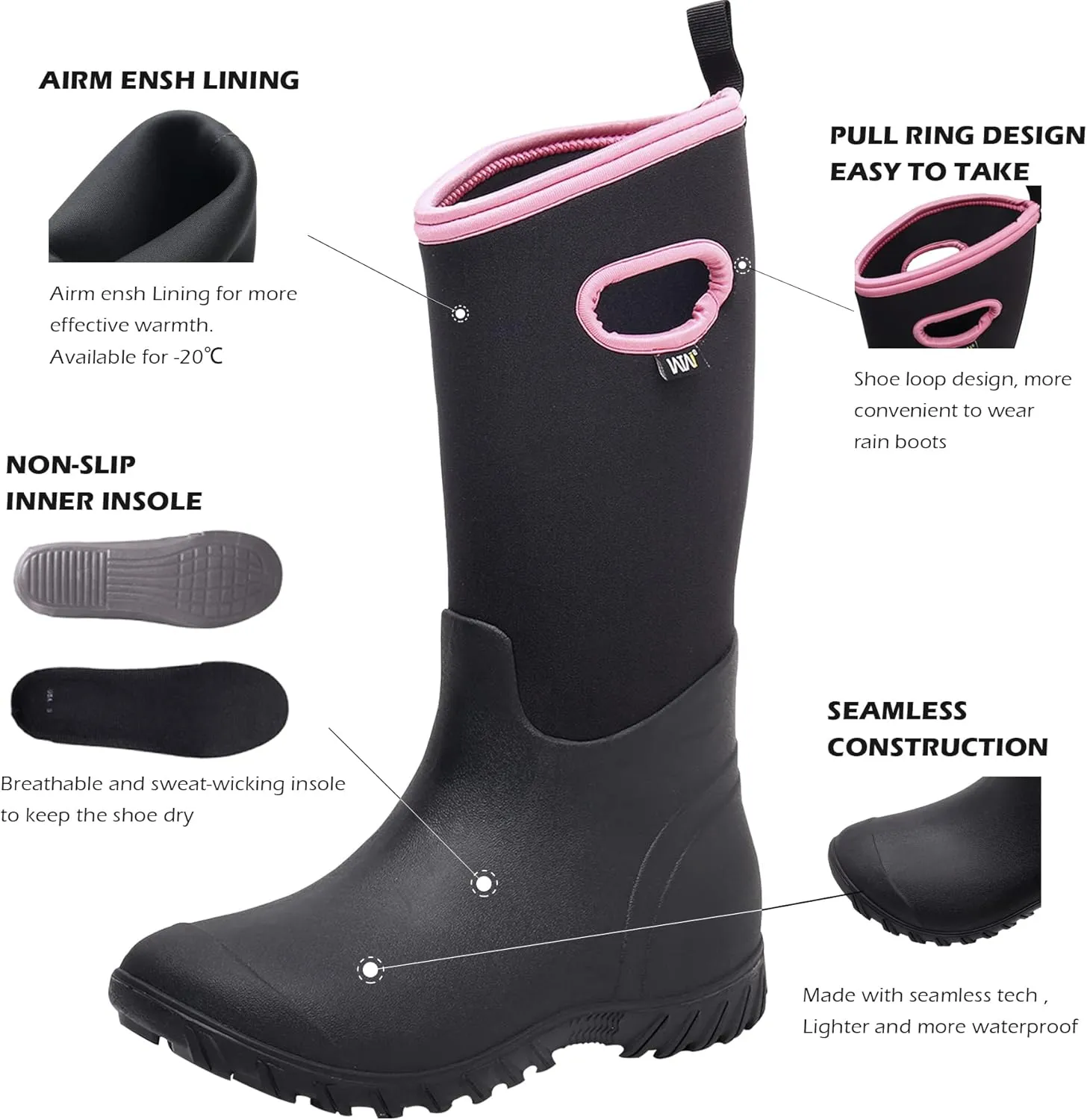 WTW Women's Rubber Rain Boots 100% Waterproof Insulated Neoprene Garden Mud Boots Outdoor Hunting Snow Boots for Women