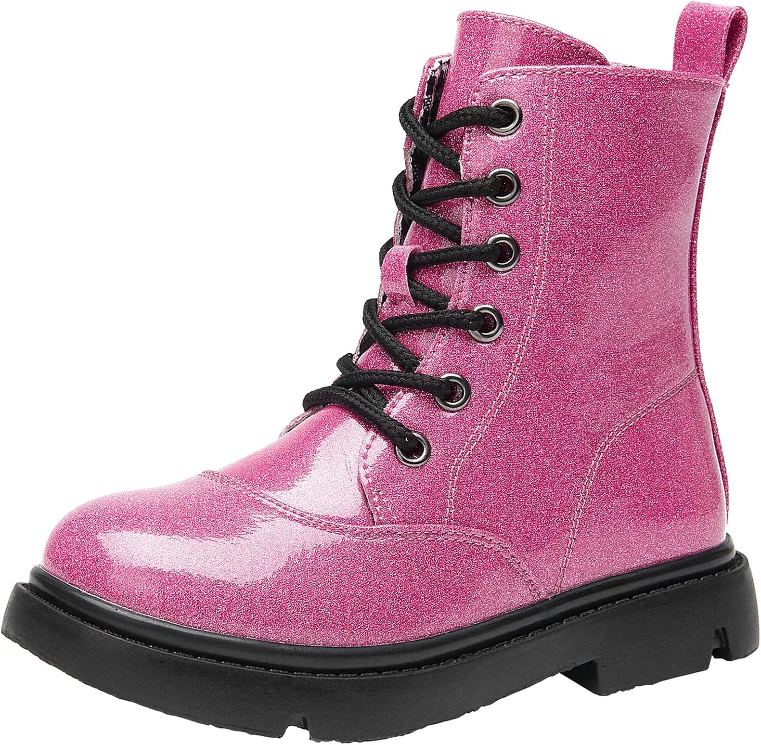 WUIWUIYU Boys Girls Boots Glitter Mid-calf Ankle Boots Lace-up High-Top Combat Boot with Side Zipper (Toddler/Little Kid/Big Kid)