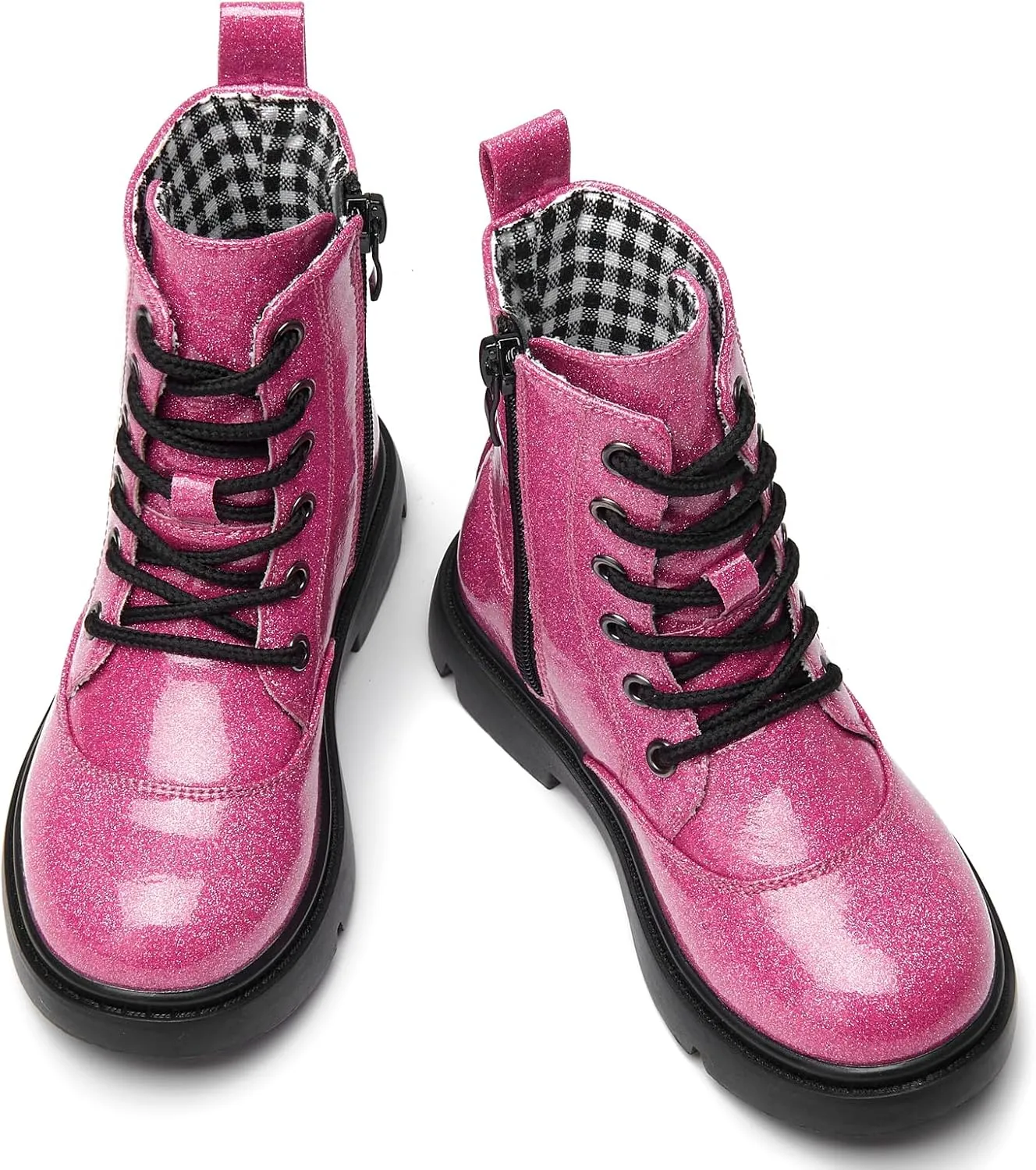 WUIWUIYU Boys Girls Boots Glitter Mid-calf Ankle Boots Lace-up High-Top Combat Boot with Side Zipper (Toddler/Little Kid/Big Kid)