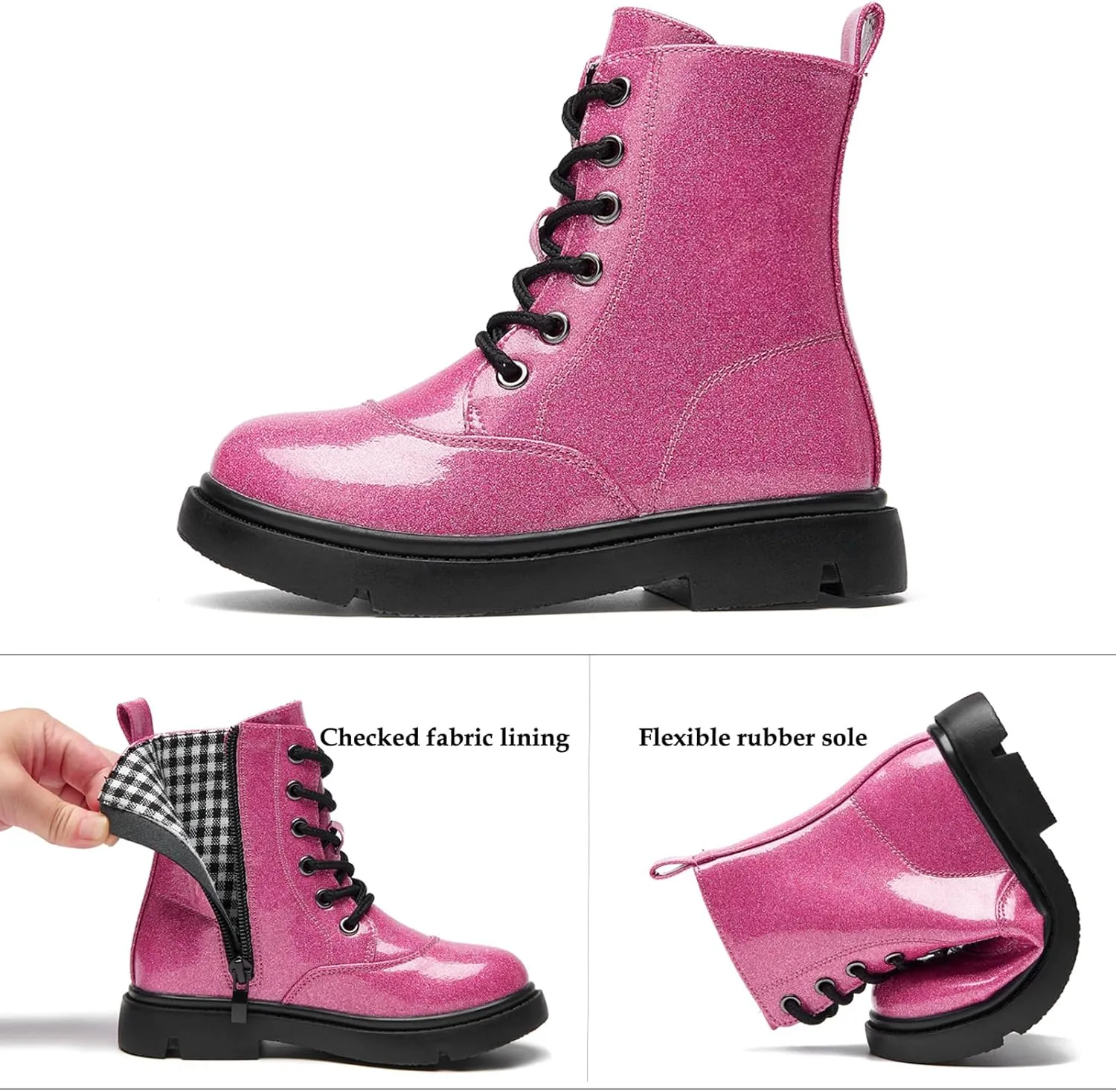 WUIWUIYU Boys Girls Boots Glitter Mid-calf Ankle Boots Lace-up High-Top Combat Boot with Side Zipper (Toddler/Little Kid/Big Kid)