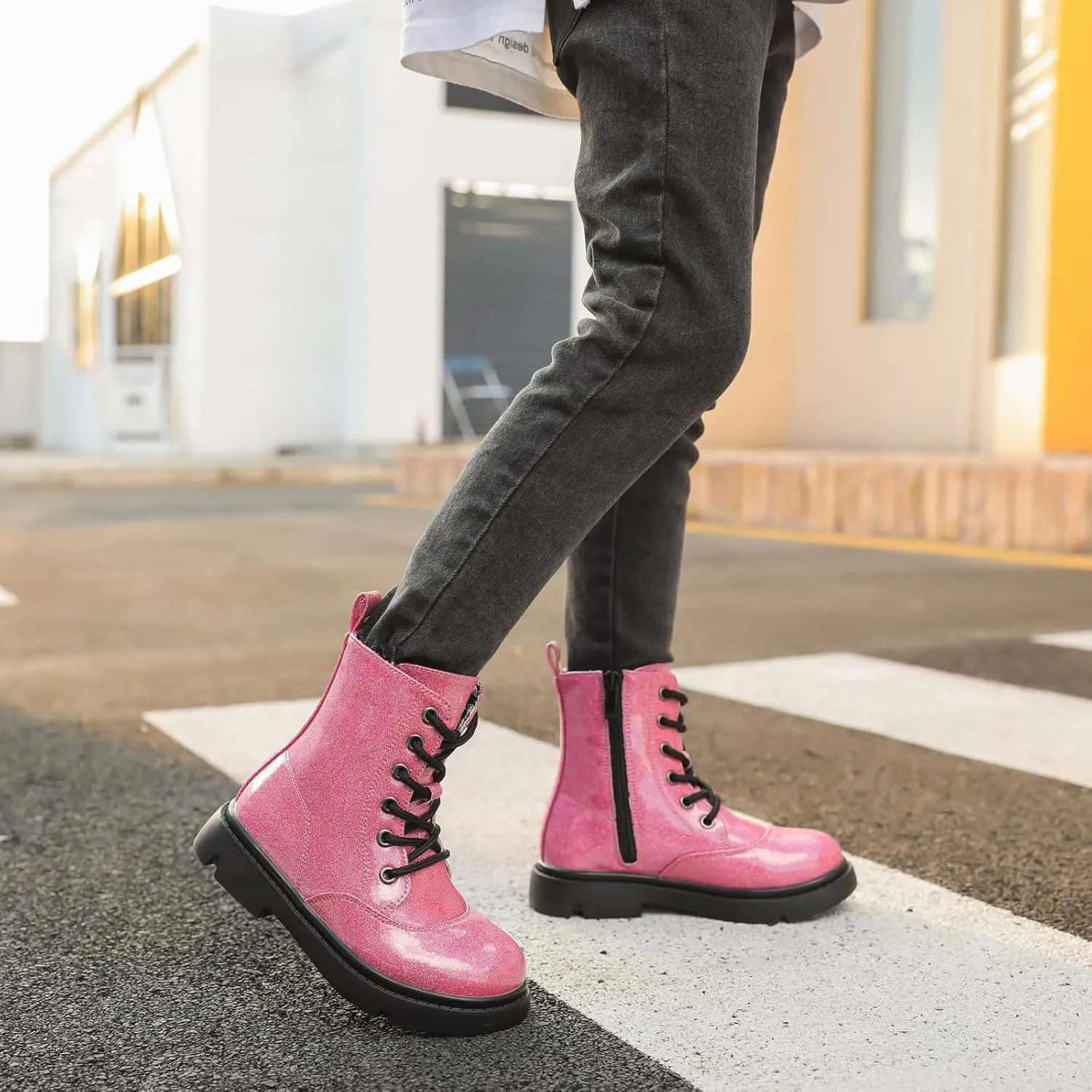 WUIWUIYU Boys Girls Boots Glitter Mid-calf Ankle Boots Lace-up High-Top Combat Boot with Side Zipper (Toddler/Little Kid/Big Kid)