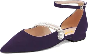 XYD Women Ankle Strappy D'Orsay Beaded Jewelry Flats Sandals Closed Pointed Toe Pearl Strap Wedding Dress Low Heels Shoes