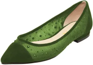 XYD Women Pointed Toe Mesh Crystals Flats Cap Toe Slip On Slight Low Heel Mother of Bridal Dance Comfort Shoes
