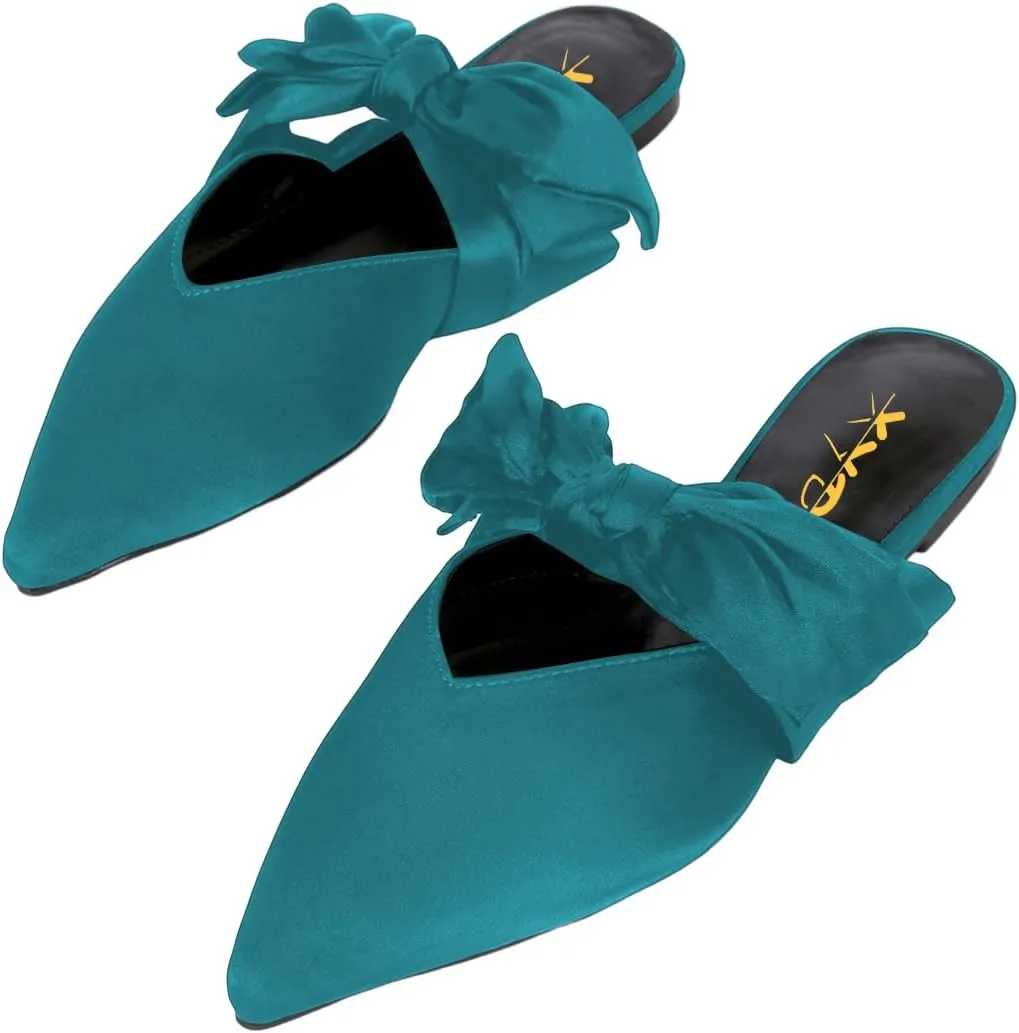XYD Women's Flats Mules Pointy Toe Dressy Satin Bows Slip On Single Strap Wedding Party Holidays Sandal Shoes