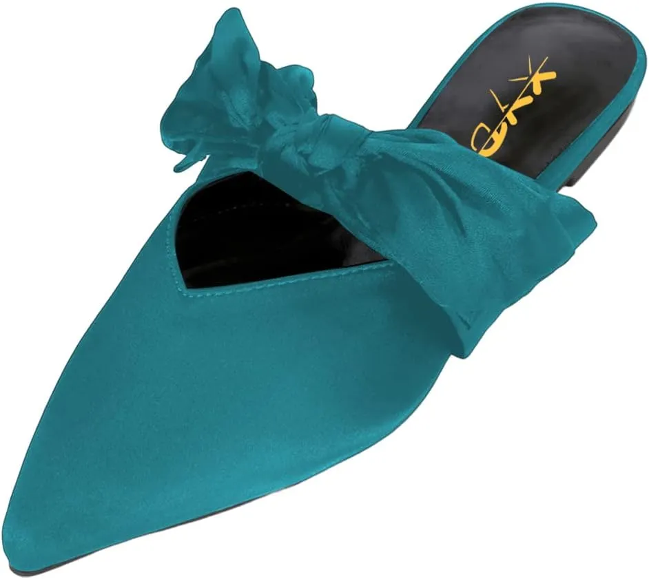 XYD Women's Flats Mules Pointy Toe Dressy Satin Bows Slip On Single Strap Wedding Party Holidays Sandal Shoes
