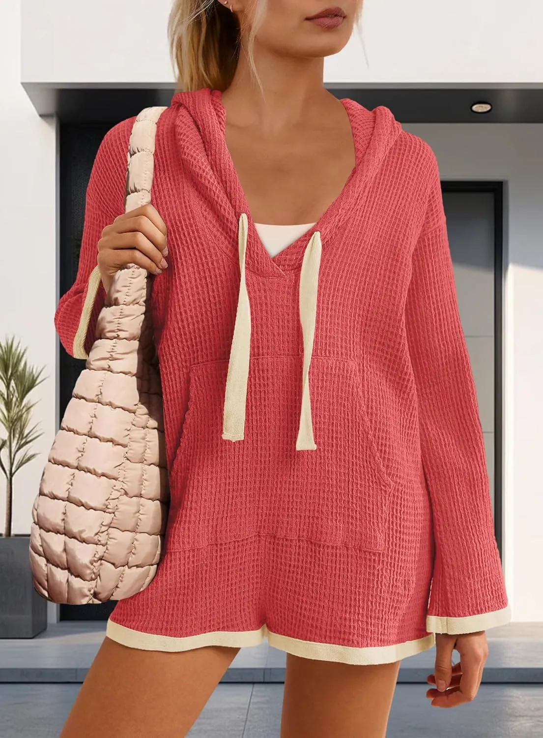 Yanekop Womens V Neck Romper Waffle Knit Jumpsuit Short Overalls Romper One Piece Jumper with Hoodie
