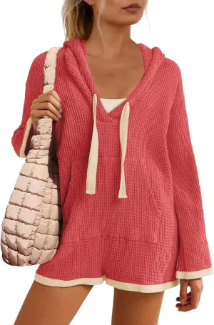 Yanekop Womens V Neck Romper Waffle Knit Jumpsuit Short Overalls Romper One Piece Jumper with Hoodie