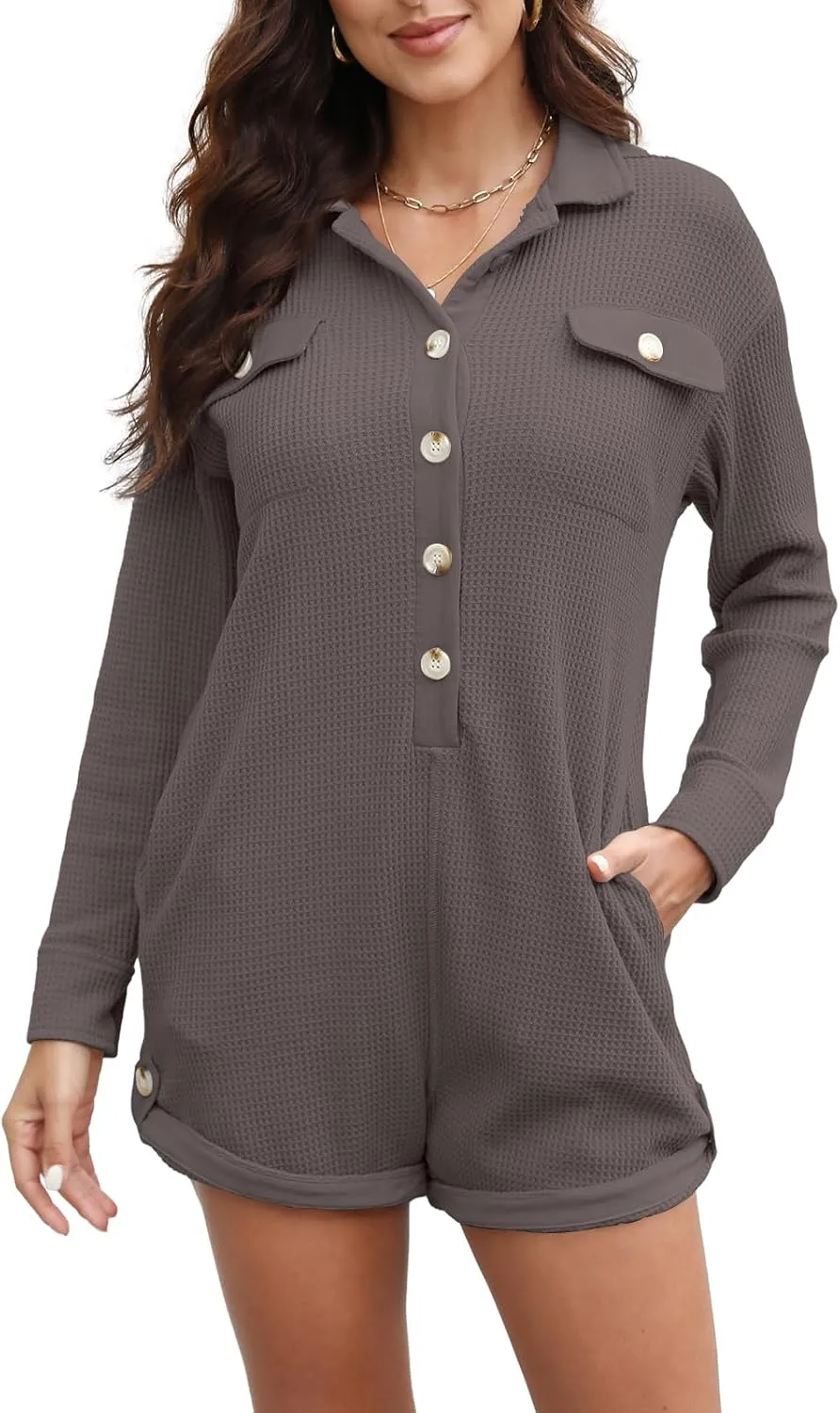 Yanekop Womens Waffle Knit Rompers Oversized Button Down Short Jumpsuit V Neck Long Sleeve Overalls with Pocket