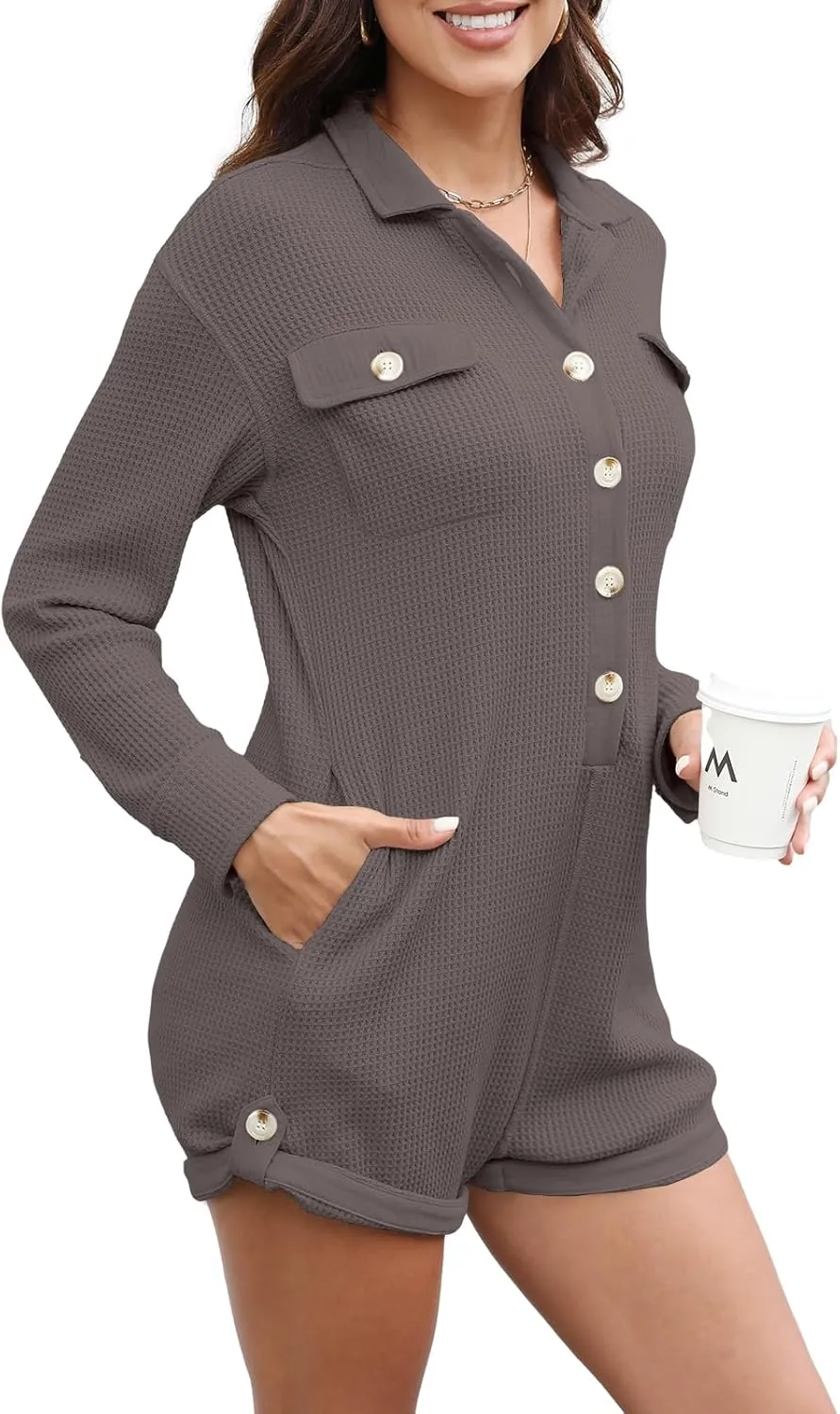 Yanekop Womens Waffle Knit Rompers Oversized Button Down Short Jumpsuit V Neck Long Sleeve Overalls with Pocket
