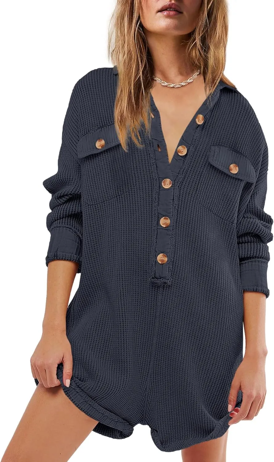 Yanekop Womens Waffle Knit Rompers Oversized Button Down Short Jumpsuit V Neck Long Sleeve Overalls with Pocket