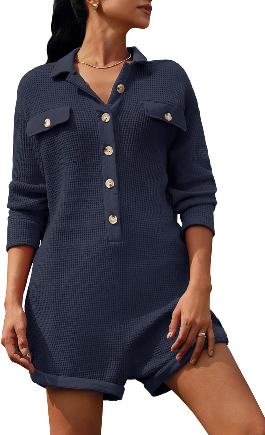 Yanekop Womens Waffle Knit Rompers Oversized Button Down Short Jumpsuit V Neck Long Sleeve Overalls with Pocket