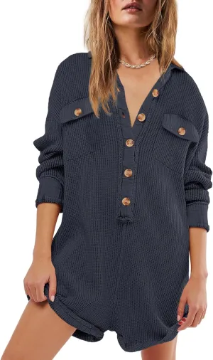 Yanekop Womens Waffle Knit Rompers Oversized Button Down Short Jumpsuit V Neck Long Sleeve Overalls with Pocket