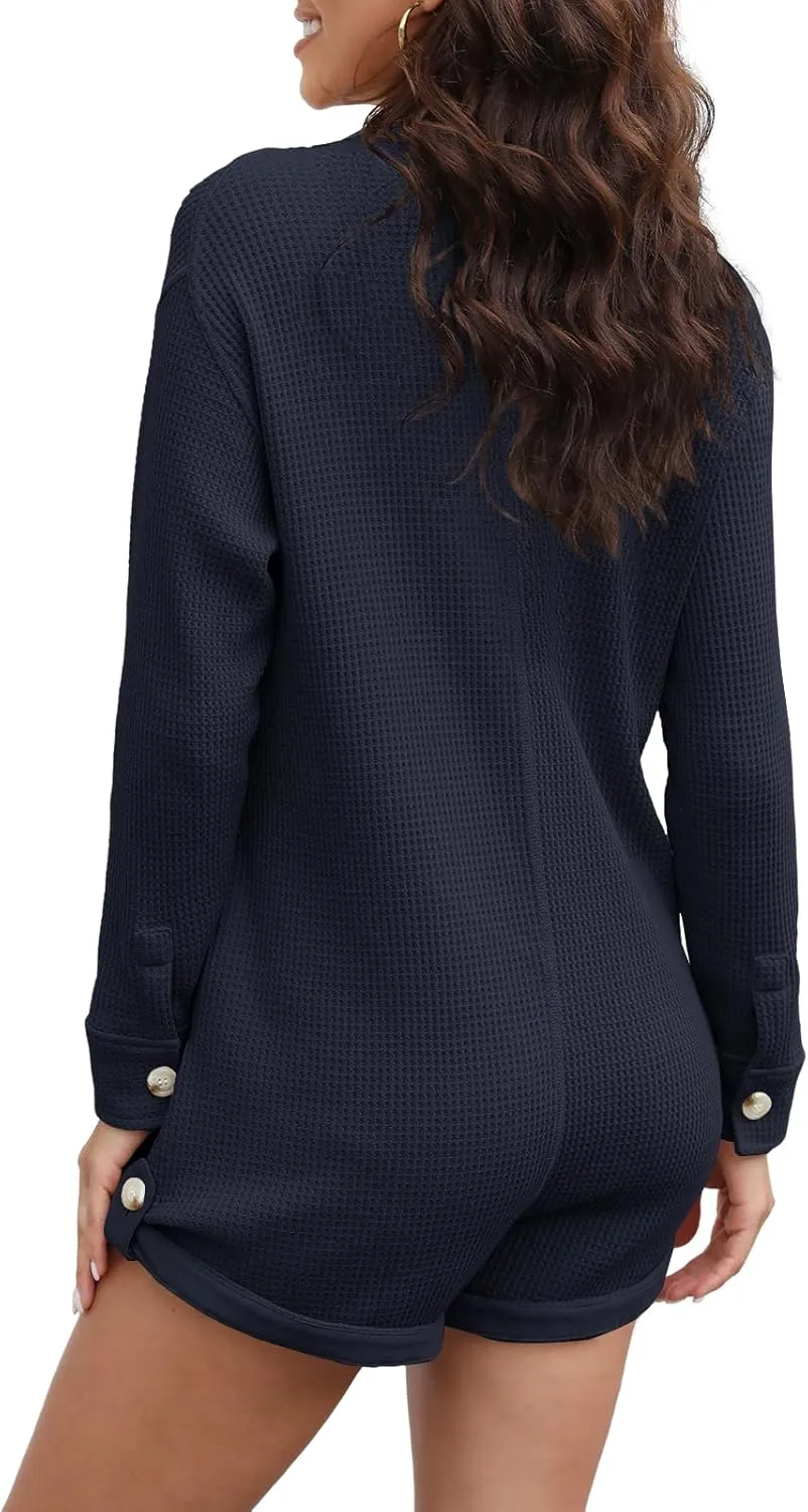 Yanekop Womens Waffle Knit Rompers Oversized Button Down Short Jumpsuit V Neck Long Sleeve Overalls with Pocket