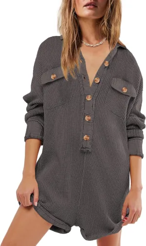 Yanekop Womens Waffle Knit Rompers Oversized Button Down Short Jumpsuit V Neck Long Sleeve Overalls with Pocket