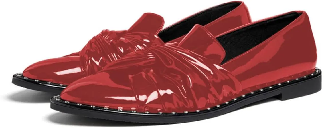YDN Women Pointed Toe Fashion Ruched Flat Loafers Chunky Low Heels Pull On Studded Pump Shoes for Formal Dress Party Business Daily Outfit Dress Size 4-16 US