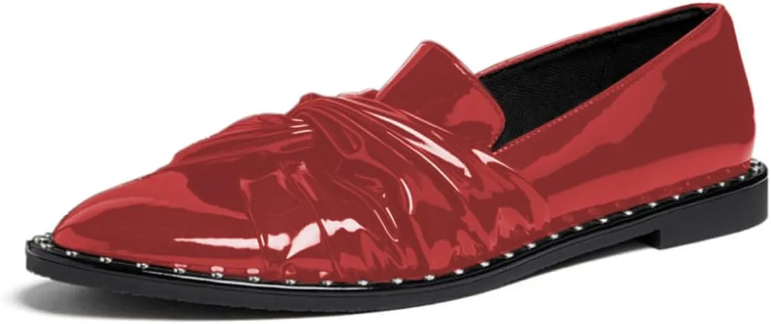 YDN Women Pointed Toe Fashion Ruched Flat Loafers Chunky Low Heels Pull On Studded Pump Shoes for Formal Dress Party Business Daily Outfit Dress Size 4-16 US