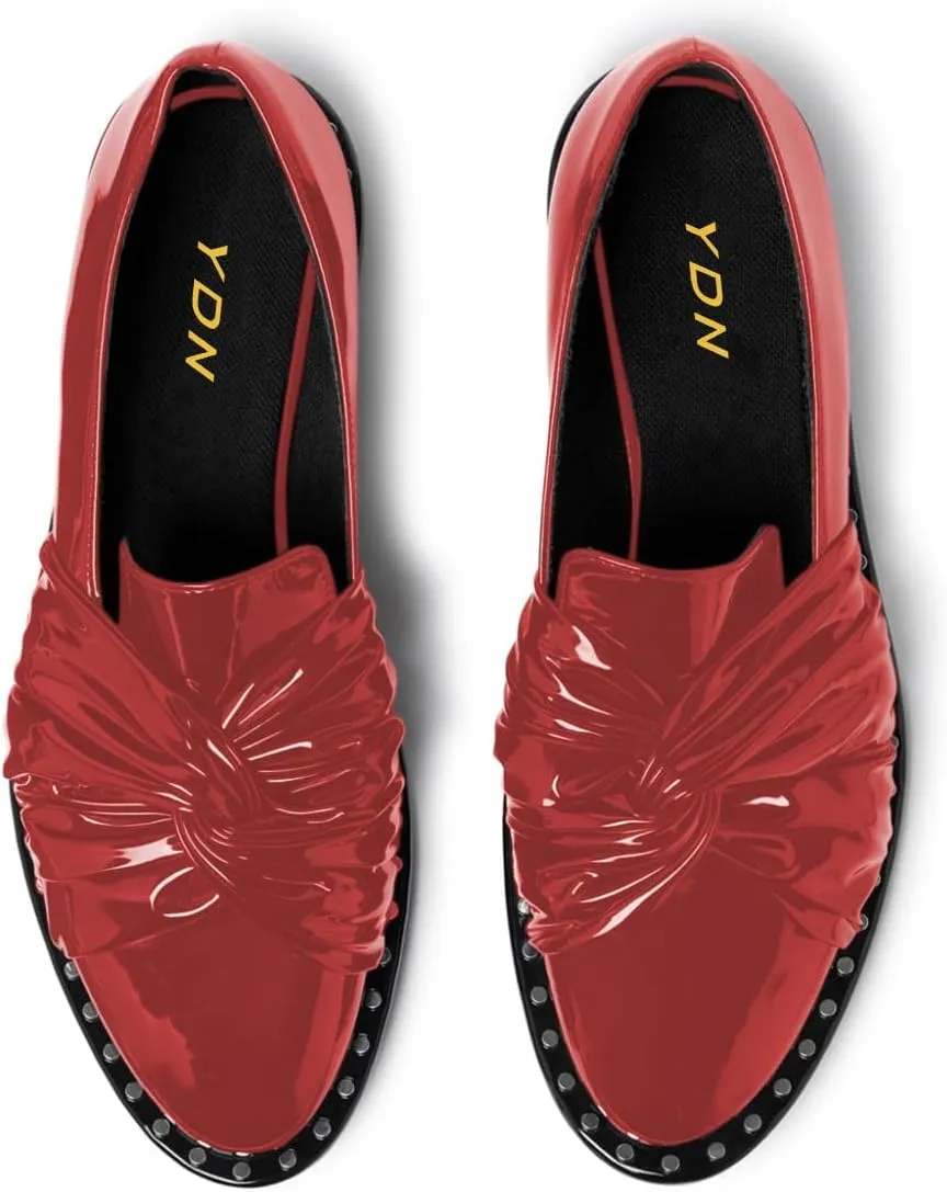 YDN Women Pointed Toe Fashion Ruched Flat Loafers Chunky Low Heels Pull On Studded Pump Shoes for Formal Dress Party Business Daily Outfit Dress Size 4-16 US