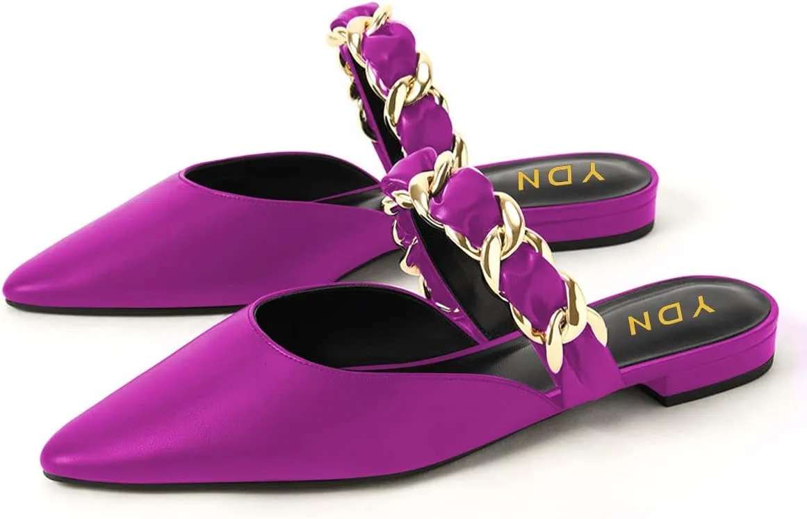 YDN Women Pointed Toe Slip on Mules Chain Strap Flats Backless Penny Loafers Casual Beach Dressy Shoes Size 4-15 US