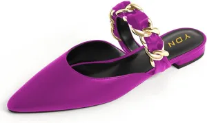 YDN Women Pointed Toe Slip on Mules Chain Strap Flats Backless Penny Loafers Casual Beach Dressy Shoes Size 4-15 US