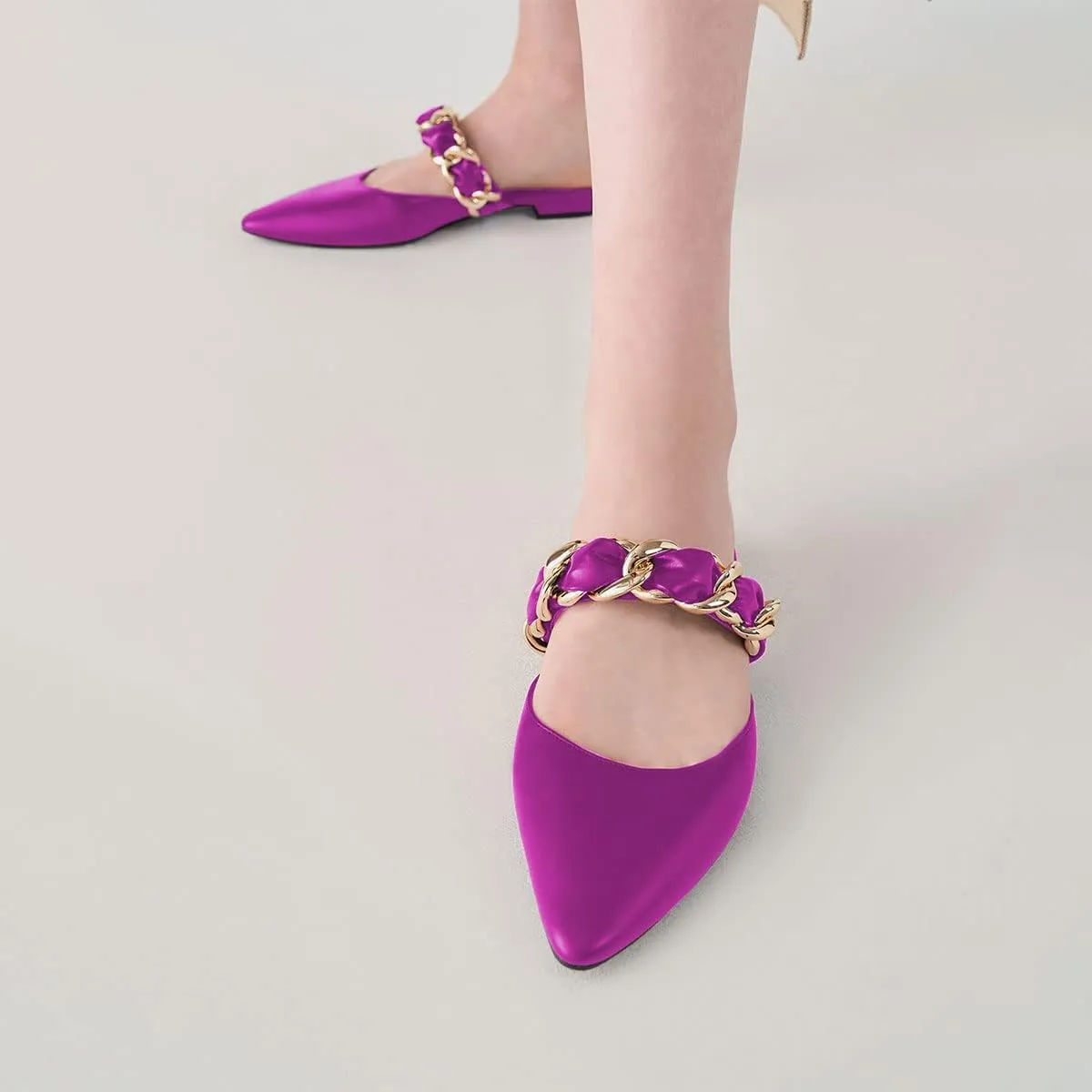YDN Women Pointed Toe Slip on Mules Chain Strap Flats Backless Penny Loafers Casual Beach Dressy Shoes Size 4-15 US