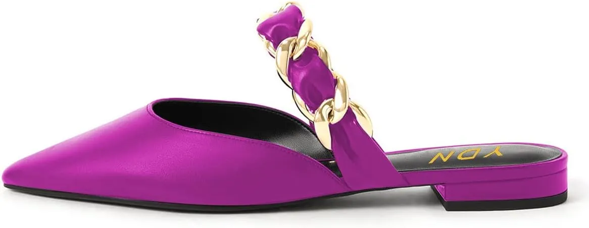 YDN Women Pointed Toe Slip on Mules Chain Strap Flats Backless Penny Loafers Casual Beach Dressy Shoes Size 4-15 US