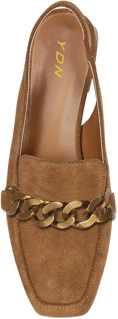 YDN Women's Chic Square Toe Chunky Heel Loafers Block Low Heels Chain Strap Elastic Slingback Pumps Formal Dressy Daily Shoes Size 4-16 US