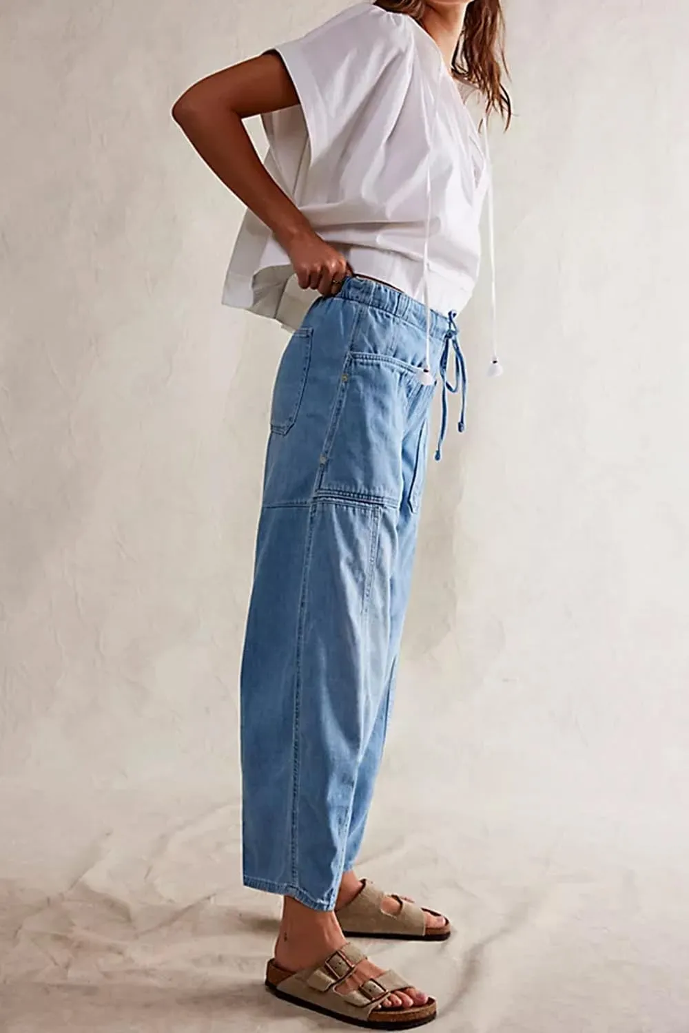 yoeasy Womens Low Rise Barrel Jeans Elastic Drawstring Loose Wide Leg Cropped Denim Pants Y2k Baggy Boyfriend Jeans