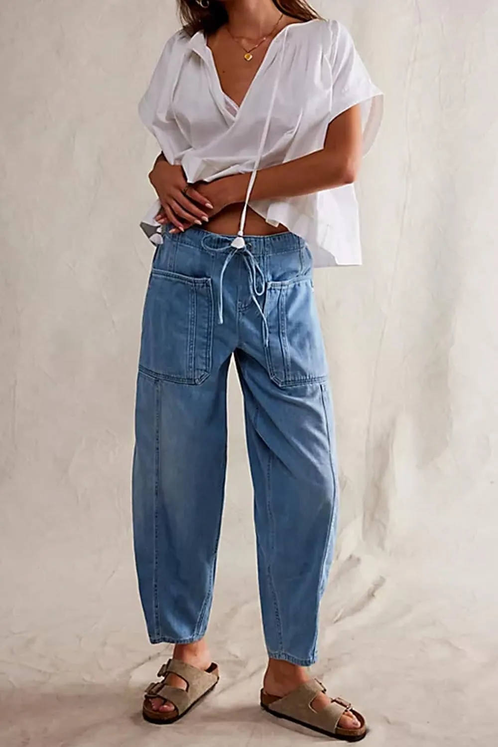 yoeasy Womens Low Rise Barrel Jeans Elastic Drawstring Loose Wide Leg Cropped Denim Pants Y2k Baggy Boyfriend Jeans