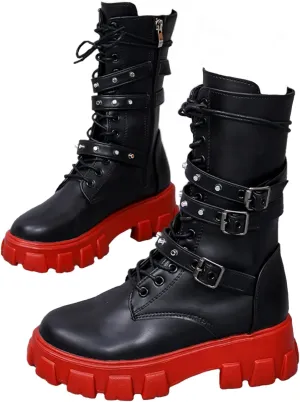 ZKXYFFS Women's Goth Ankle Booties Chunky High Heel Mid Calf Boots Side Zip Combat Lace Up Punk Rivet Motorcycle Platform Boots