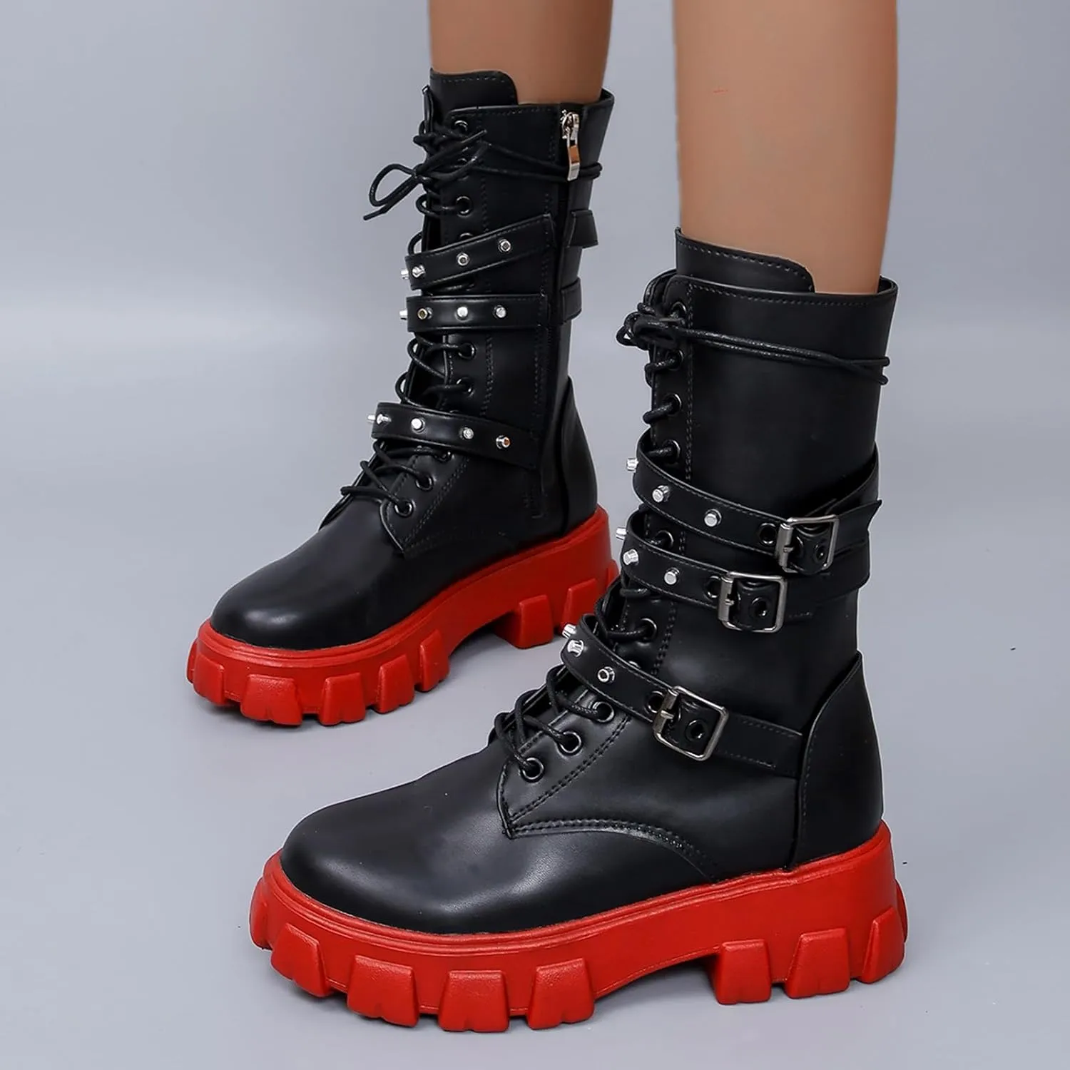 ZKXYFFS Women's Goth Ankle Booties Chunky High Heel Mid Calf Boots Side Zip Combat Lace Up Punk Rivet Motorcycle Platform Boots