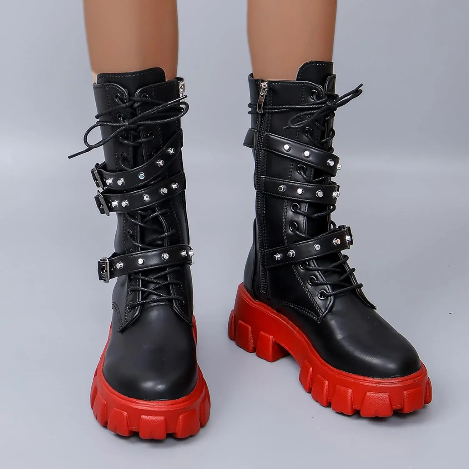 ZKXYFFS Women's Goth Ankle Booties Chunky High Heel Mid Calf Boots Side Zip Combat Lace Up Punk Rivet Motorcycle Platform Boots