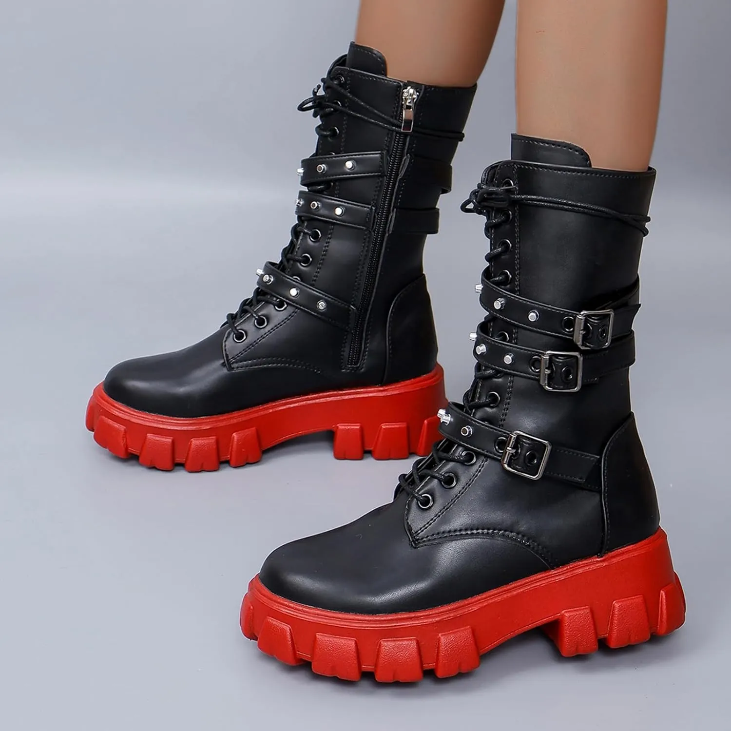 ZKXYFFS Women's Goth Ankle Booties Chunky High Heel Mid Calf Boots Side Zip Combat Lace Up Punk Rivet Motorcycle Platform Boots