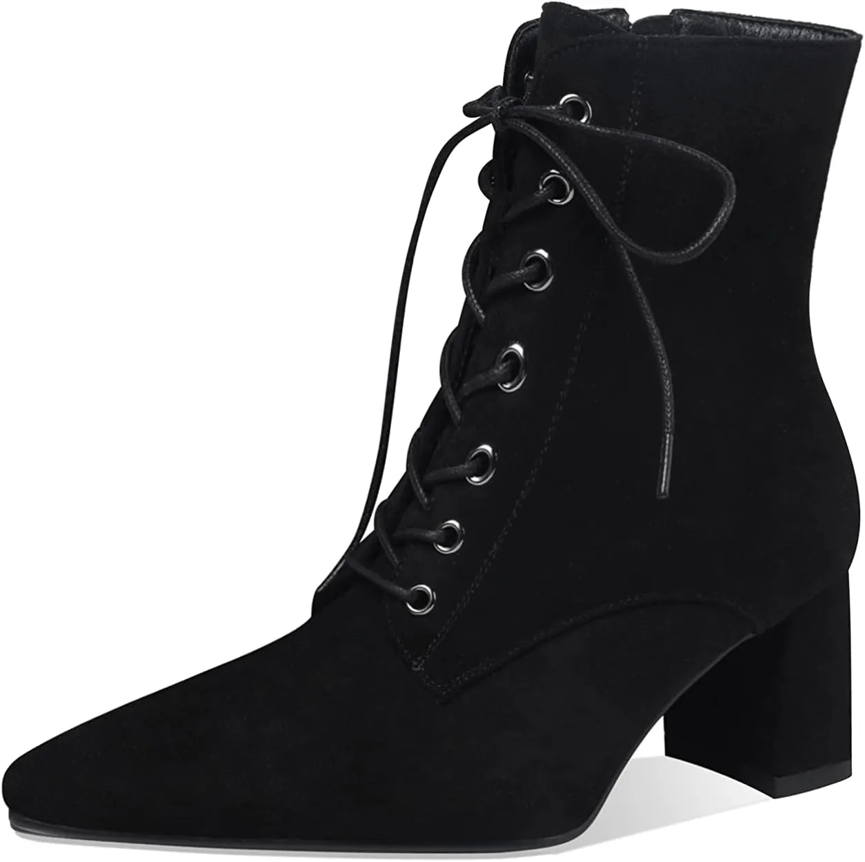 Z.Oufeier Women's Chunky Ankle Boots with Low Block Heel Fashion Leather Lace Up Pointed Toe Heeled Booties