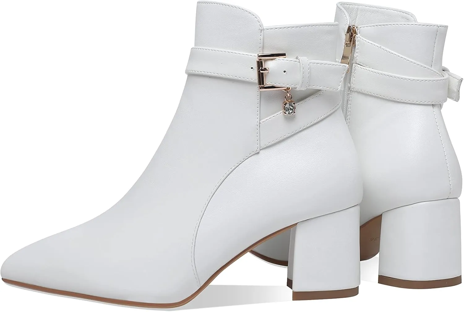 Z.Oufeier Women's Fashion Leather Chunky Ankle Boots Multi Strap Sparkly Rhinestone Pointed Toe Heeled Booties