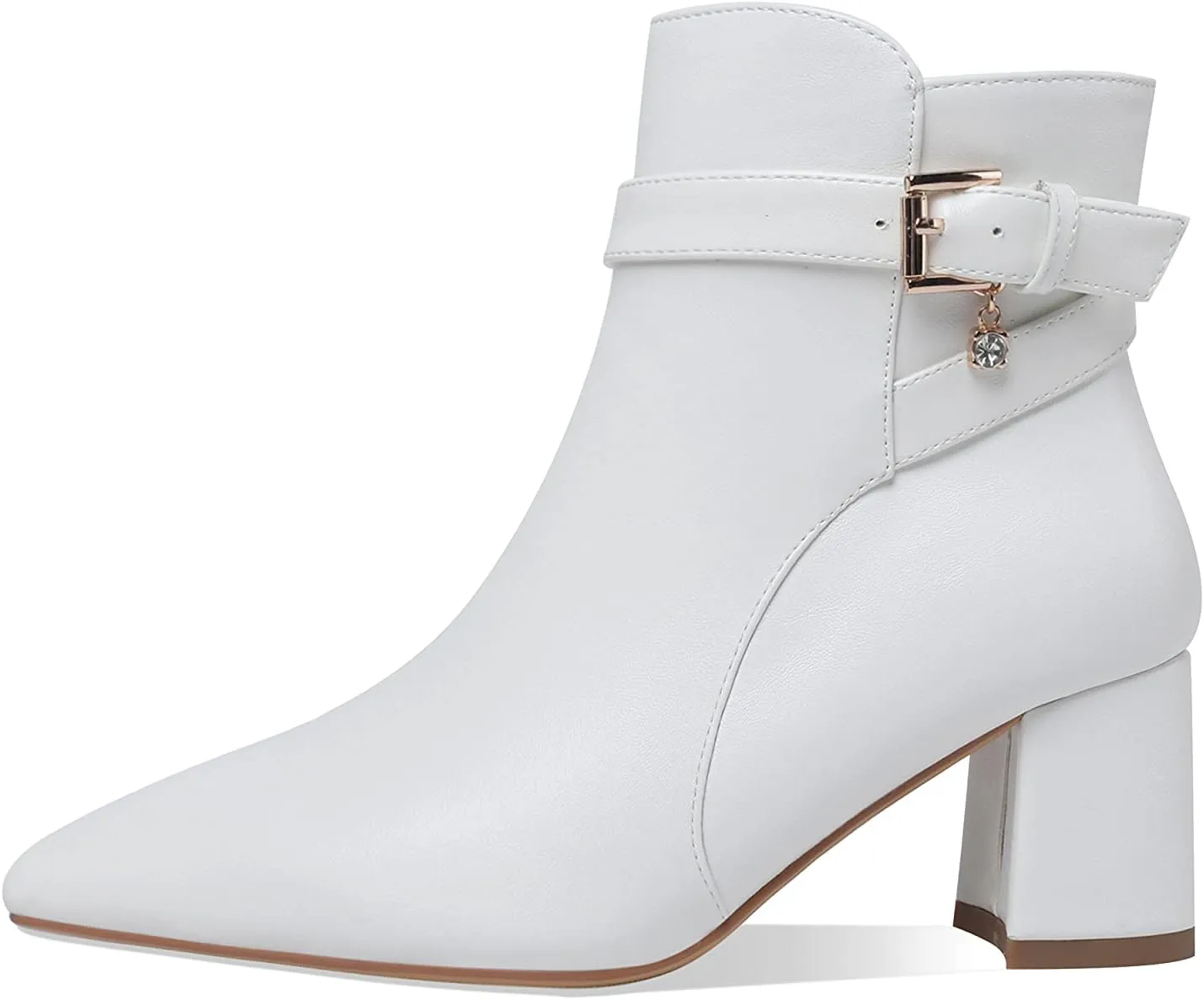 Z.Oufeier Women's Fashion Leather Chunky Ankle Boots Multi Strap Sparkly Rhinestone Pointed Toe Heeled Booties