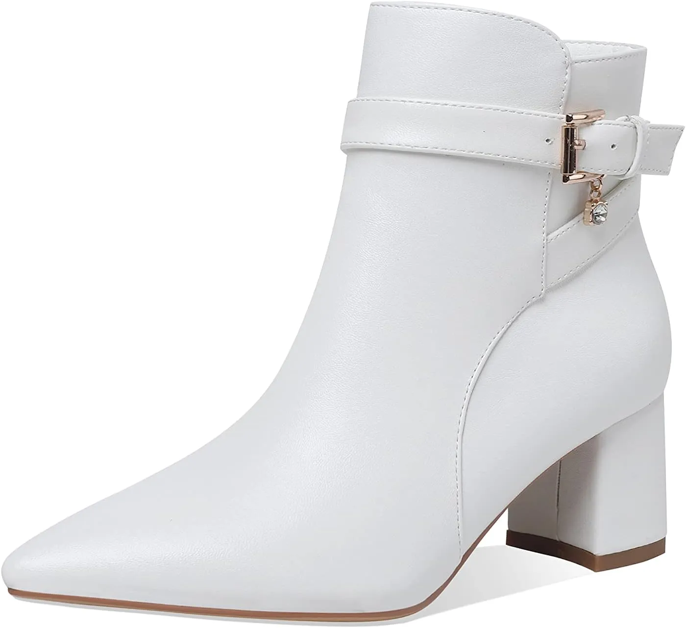 Z.Oufeier Women's Fashion Leather Chunky Ankle Boots Multi Strap Sparkly Rhinestone Pointed Toe Heeled Booties