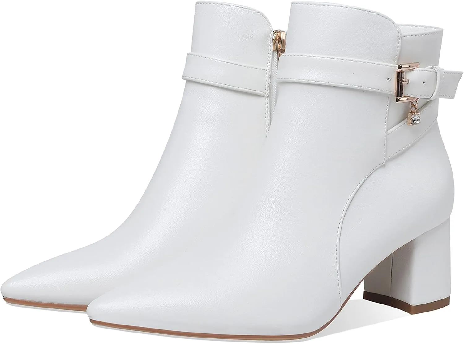 Z.Oufeier Women's Fashion Leather Chunky Ankle Boots Multi Strap Sparkly Rhinestone Pointed Toe Heeled Booties