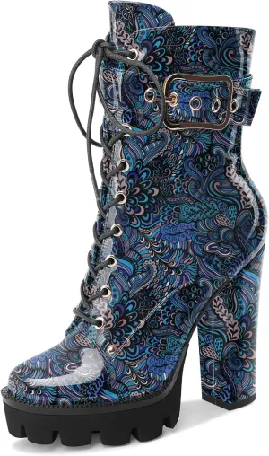 Z.Oufeier Women's Platform Ankle Boots Fashion Chunky Heel Lug Sole Combat Boots Lace Up High Heeled Booties