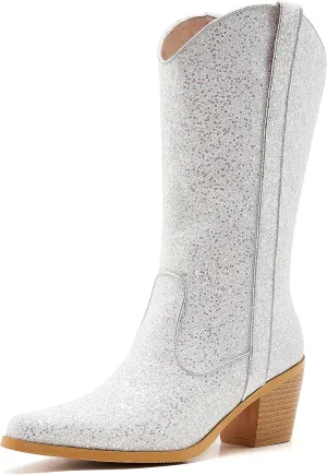 ZXHYZLZ Western Cowboy Boots for Women - Mid Calf Embroidered Cowgirl Boots, Slip On Pointed Toe Chunky Heel Fashion Retro Classic Boots