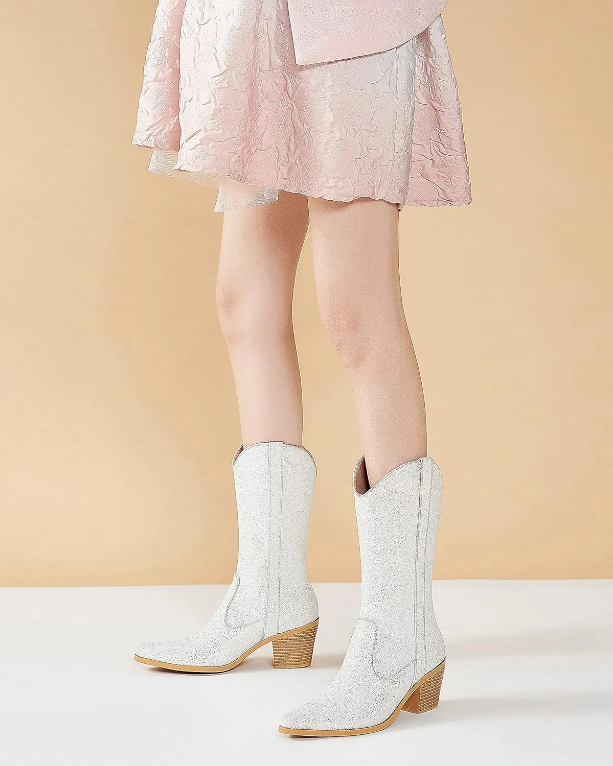 ZXHYZLZ Western Cowboy Boots for Women - Mid Calf Embroidered Cowgirl Boots, Slip On Pointed Toe Chunky Heel Fashion Retro Classic Boots